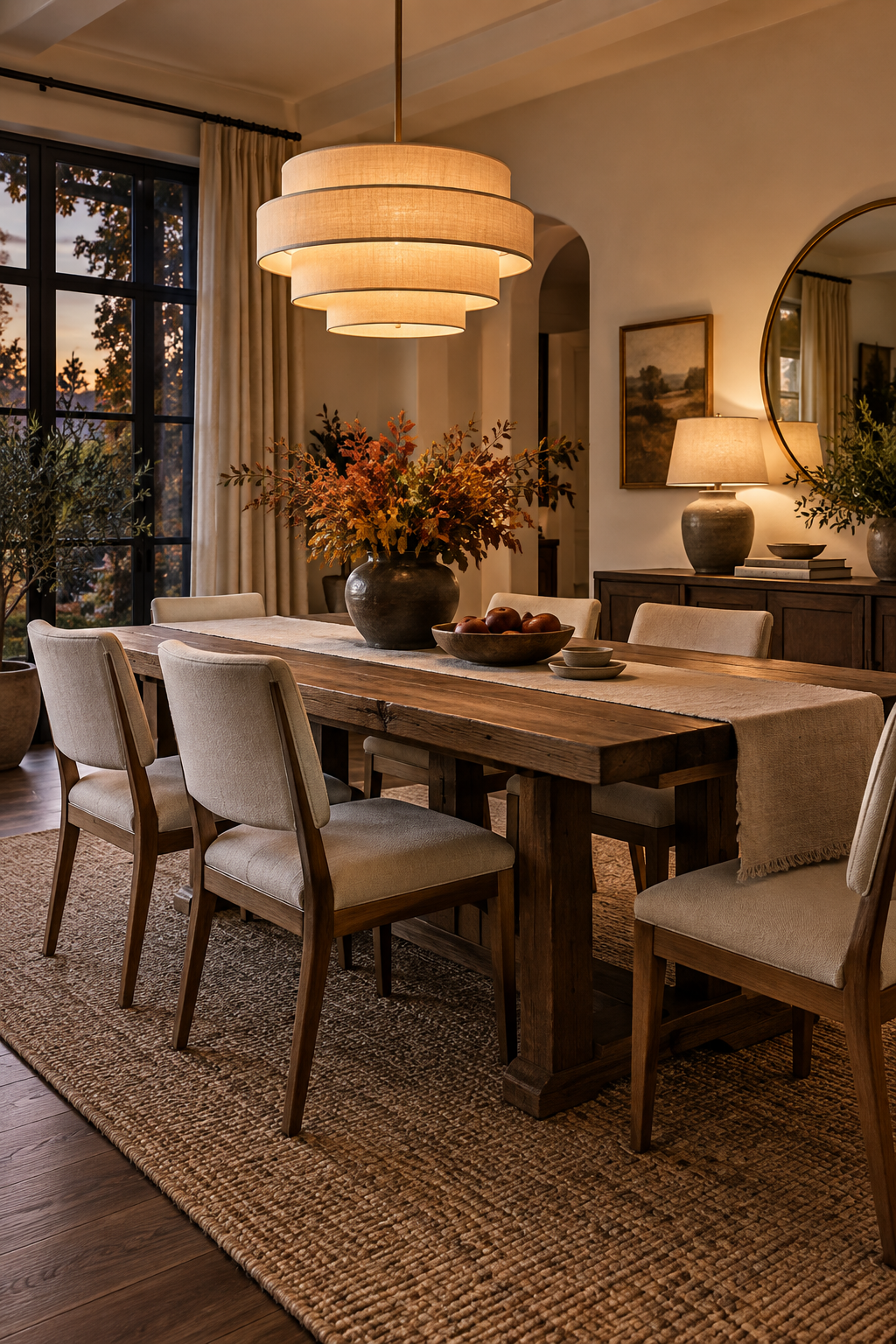 Layered warm lighting in a fall dining room
