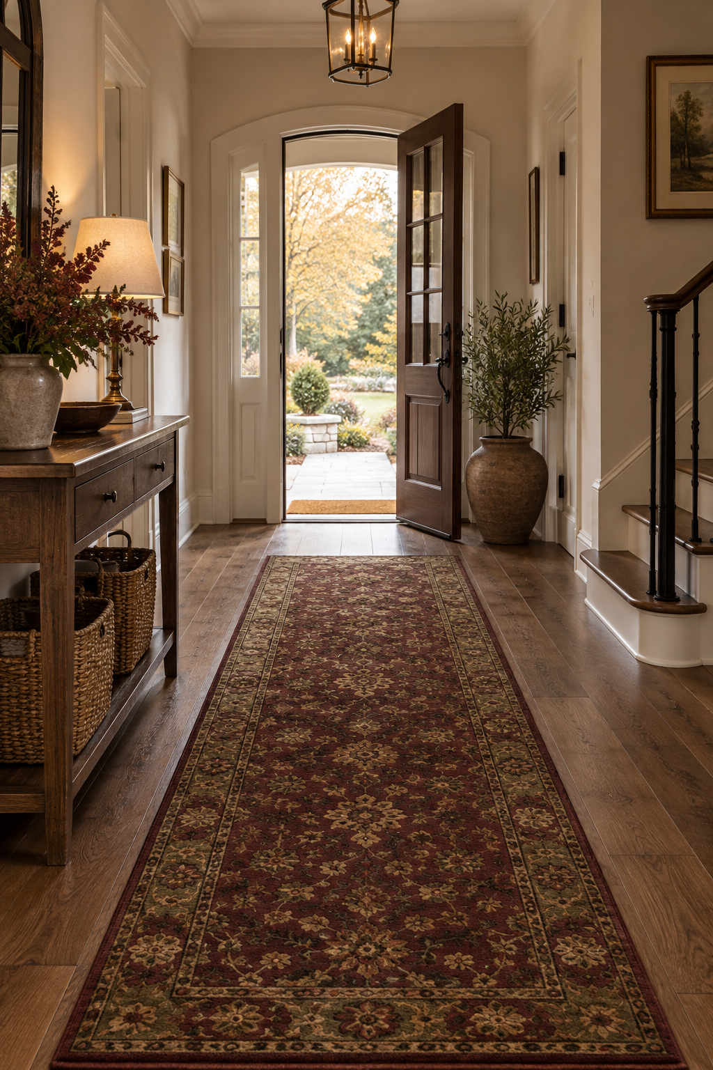 Dark vintage rug in fall hallway