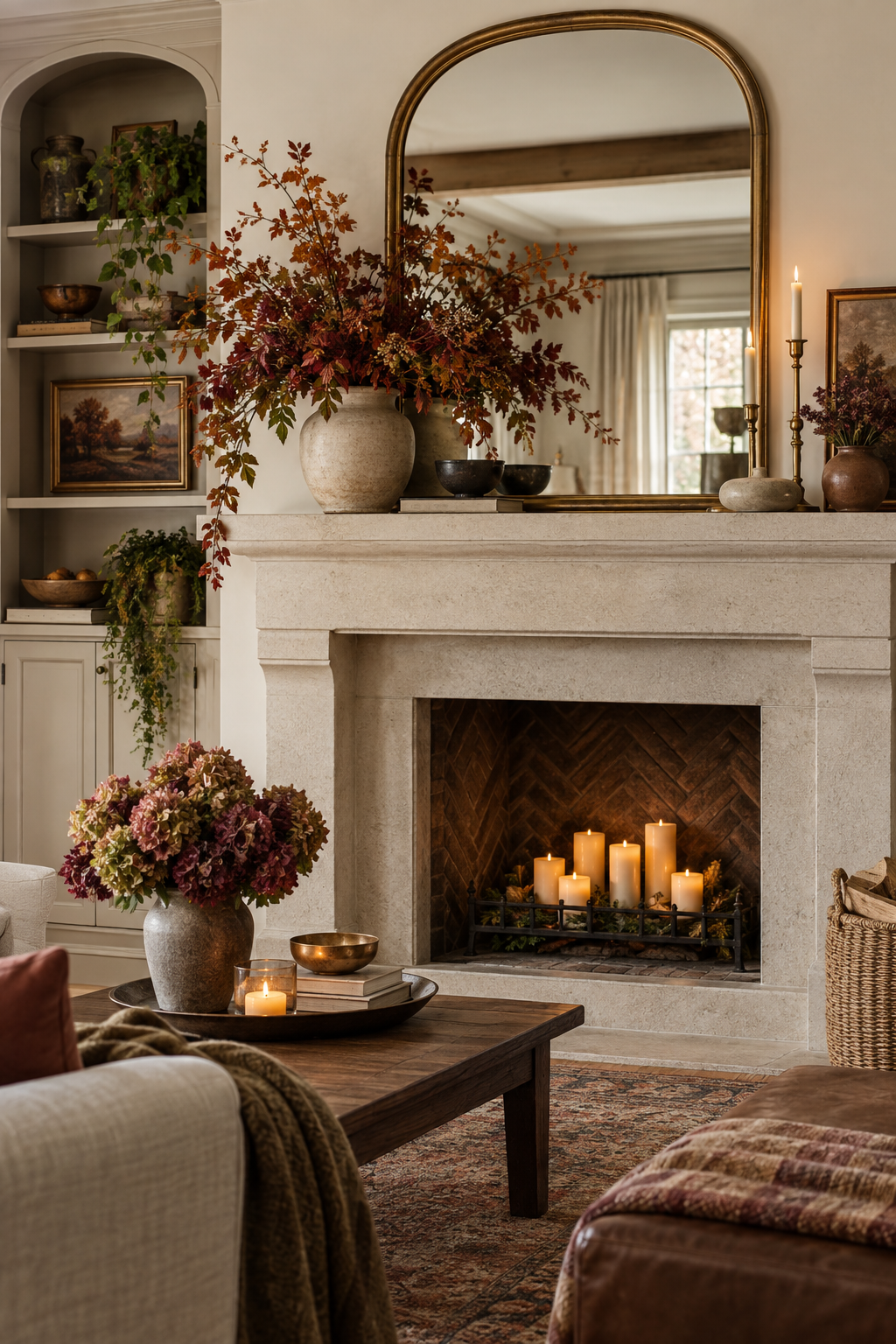 Aged brass mirror above a cozy fall mantel