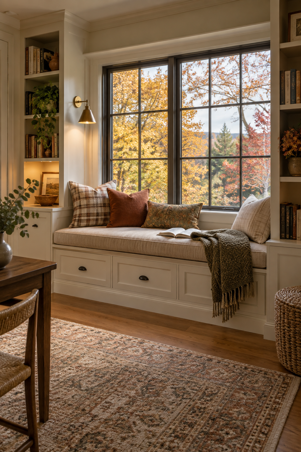 Autumn window seat reading nook with storage