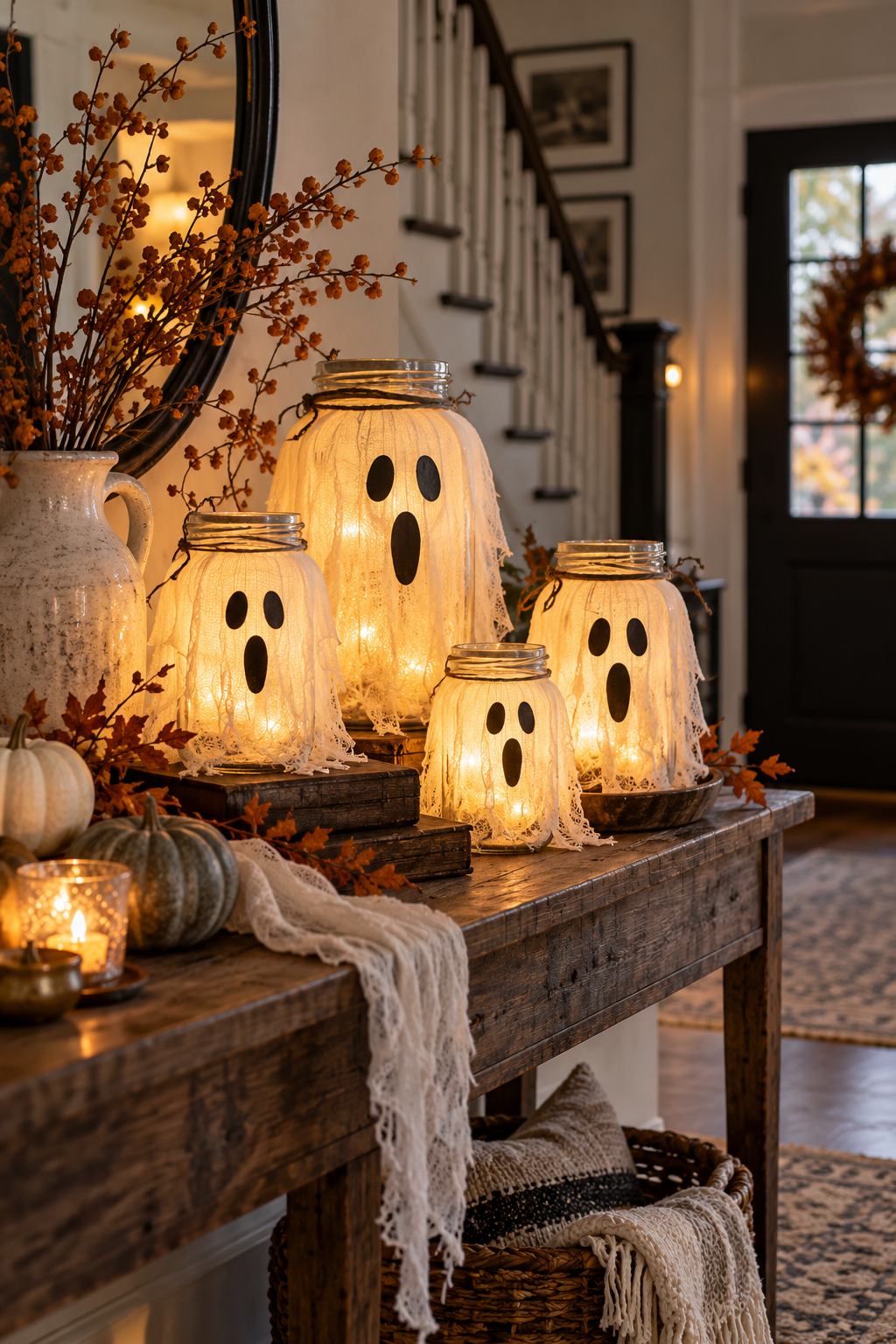 Turn Jars into Glowing Ghost Lanterns styled as DIY ghost decor ideas