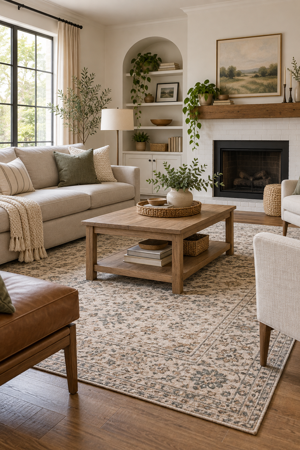 An affordable large living room rug anchoring a first-home seating area