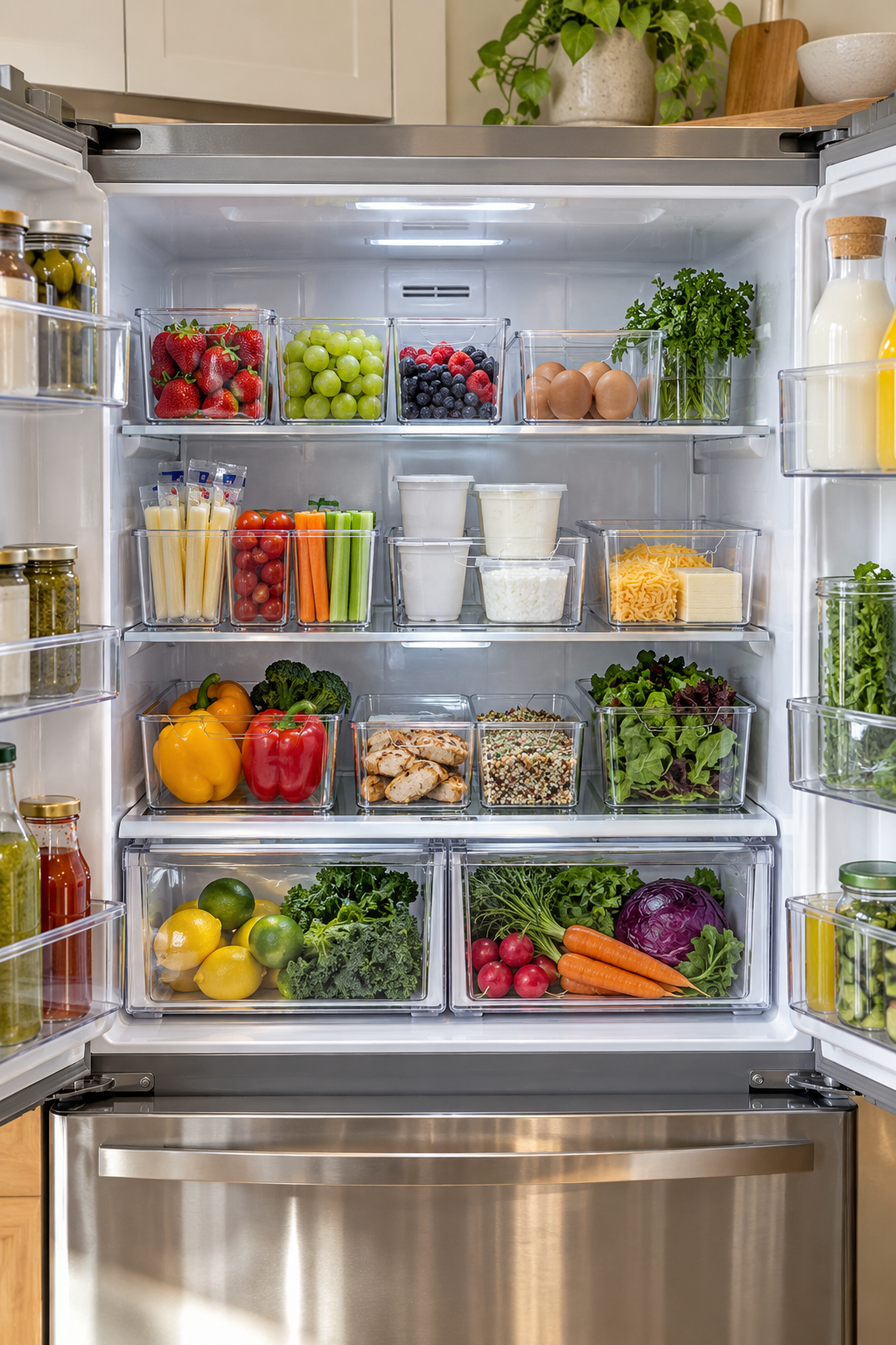 Use Clear Bins for Everyday Categories in a clean organized refrigerator
