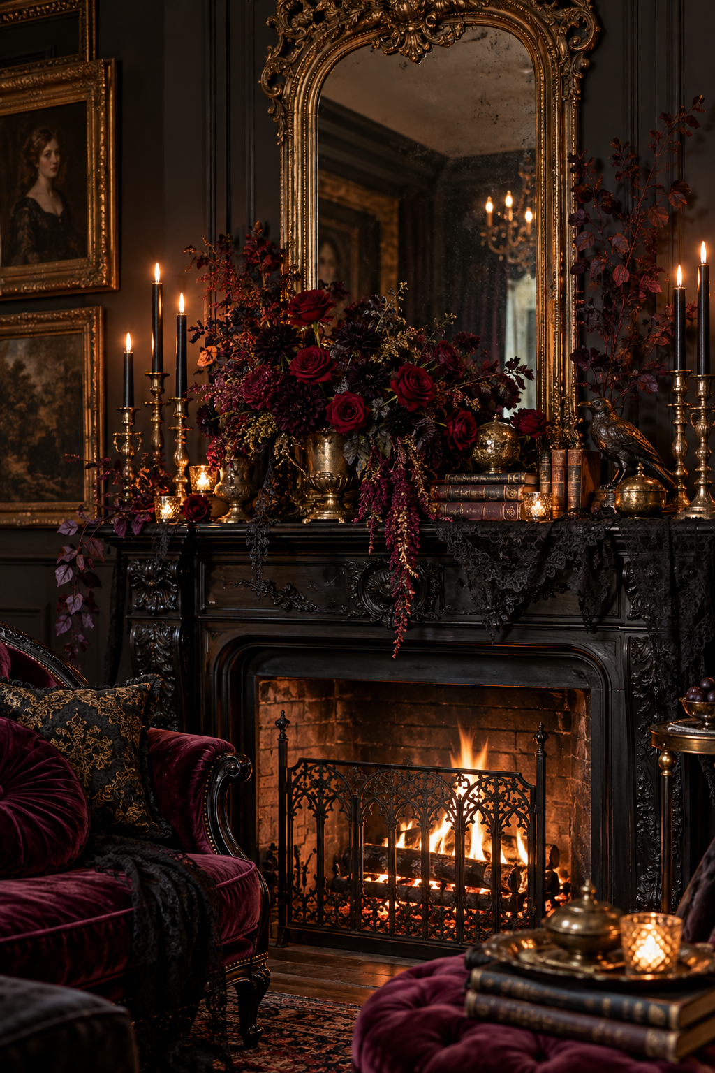 Add Deep Red Roses and Black Dahlias styled as gothic Victorian Halloween mantel ideas