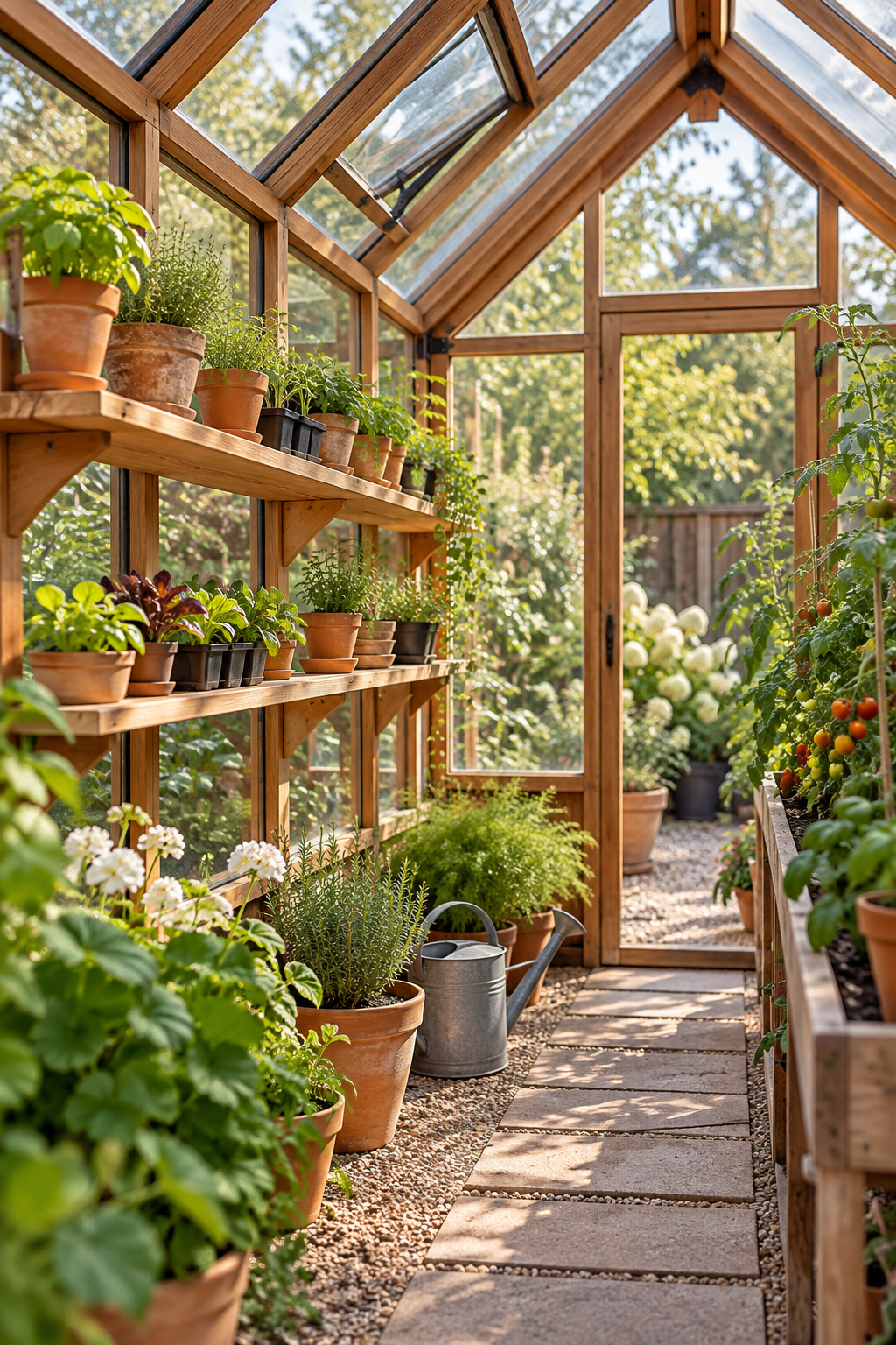 Install Slim Cedar Shelves inside a beautiful garden greenhouse