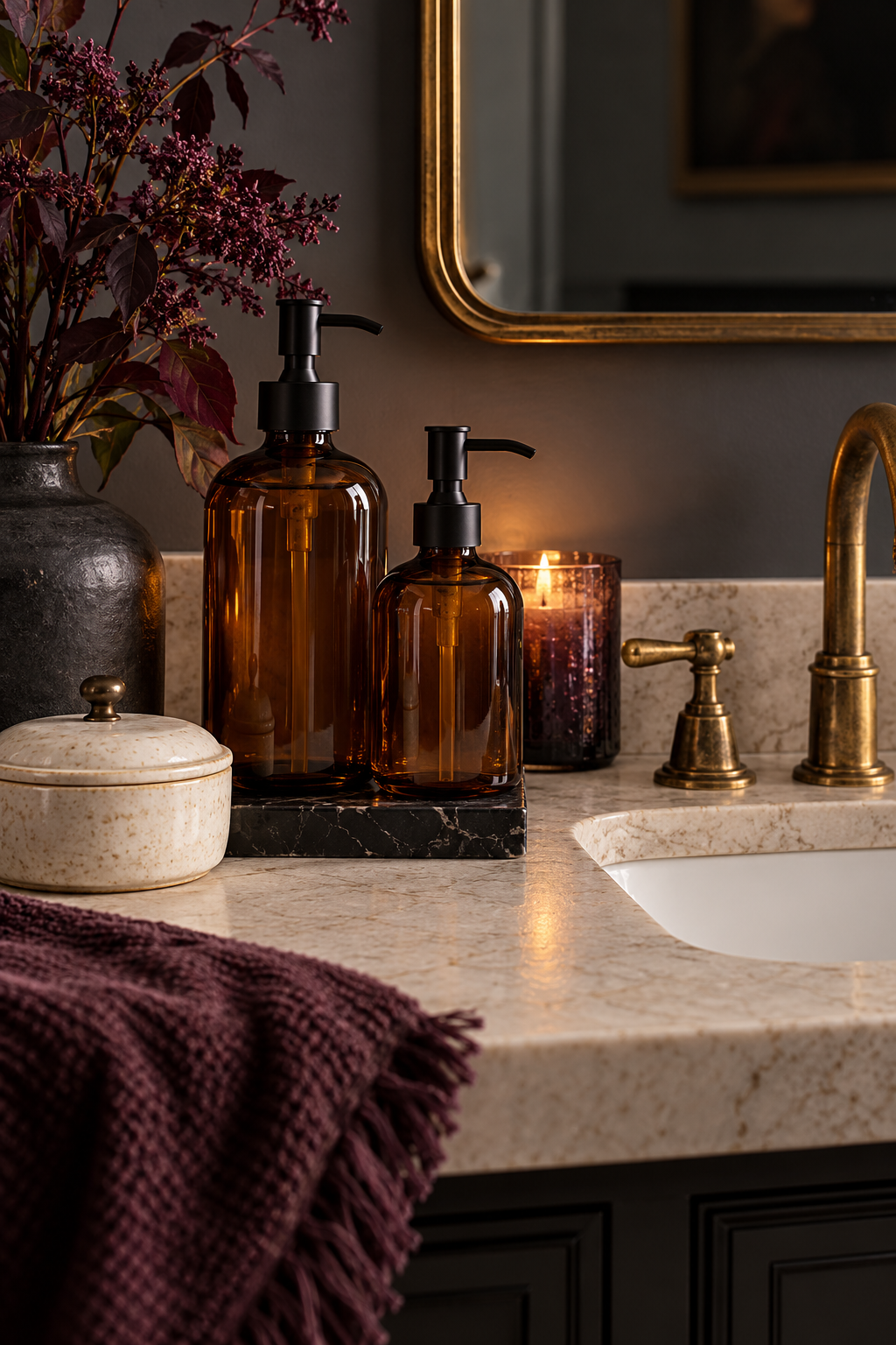 Use Amber Apothecary Soap Bottles styled as Halloween bathroom decor ideas