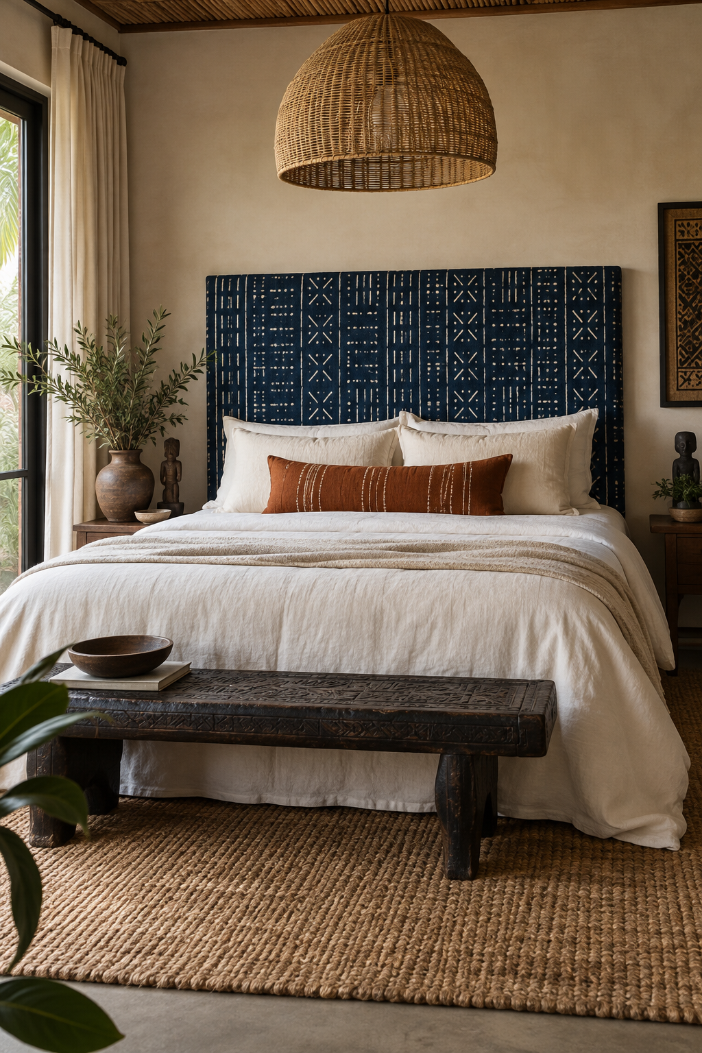 Afrobohemian bedroom with indigo textile headboard, cream linen bedding and carved wood bench