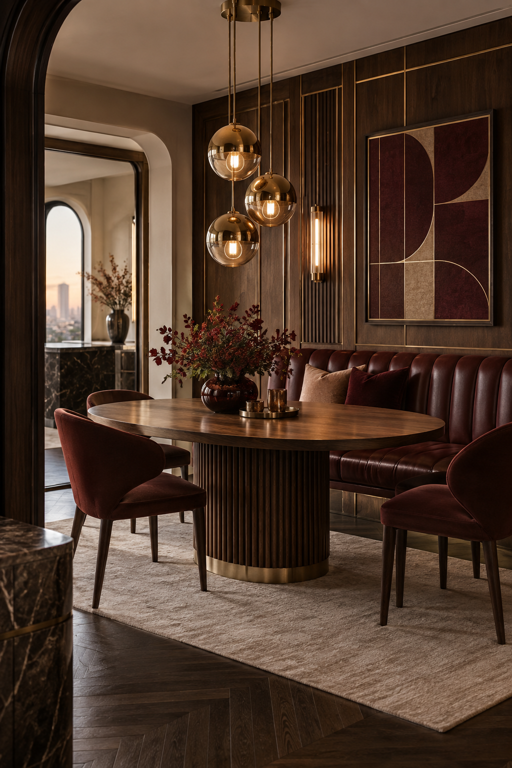 Neo Deco dining room with a caramel leather banquette, walnut table and brass pendant lights