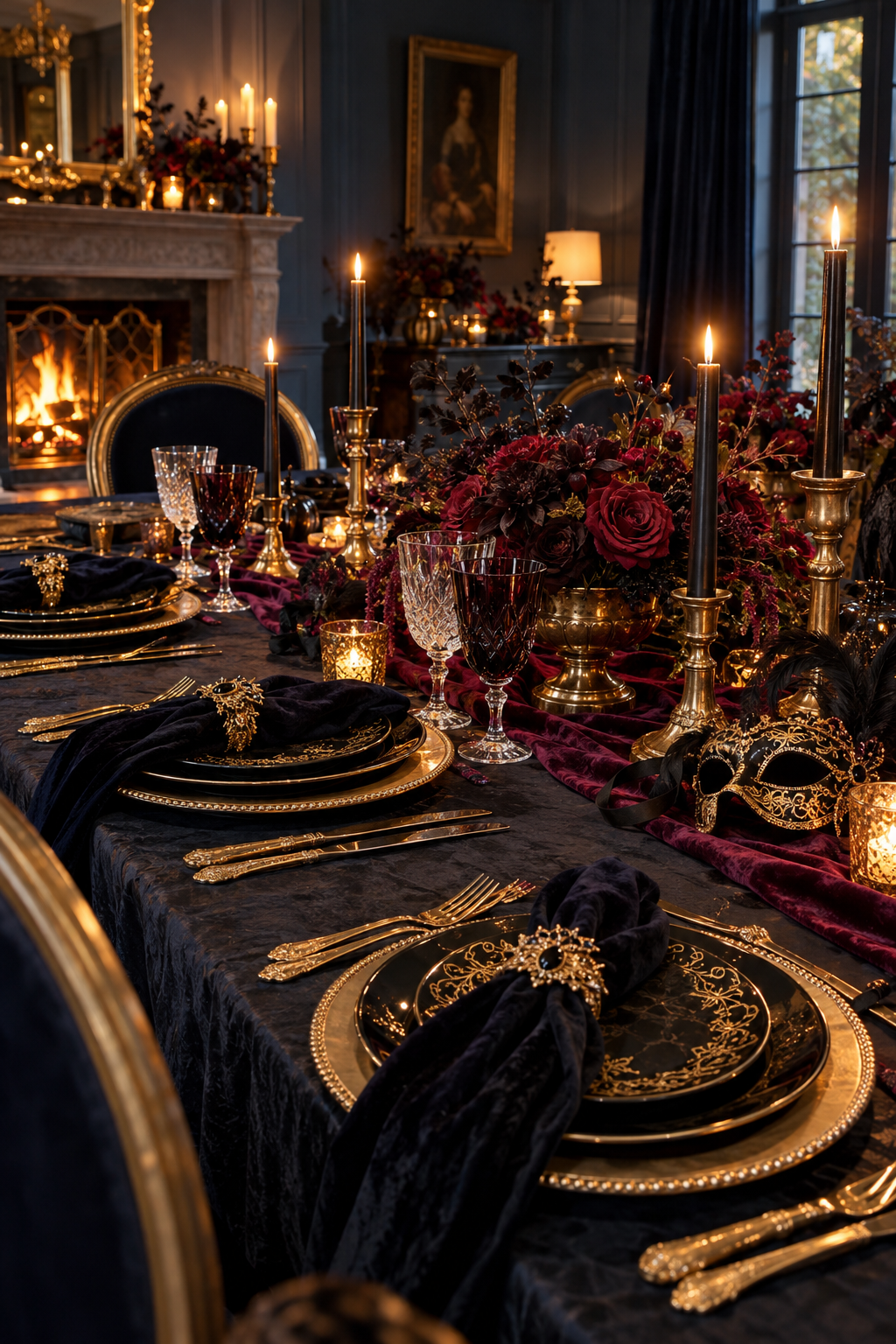 Layer Black and Gold Dinnerware styled as Halloween masquerade tablescape ideas