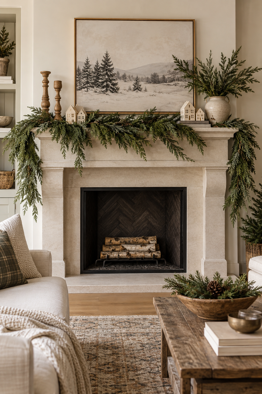 Christmas fireplace mantel with loose cedar garland, wood candlesticks and ceramic houses