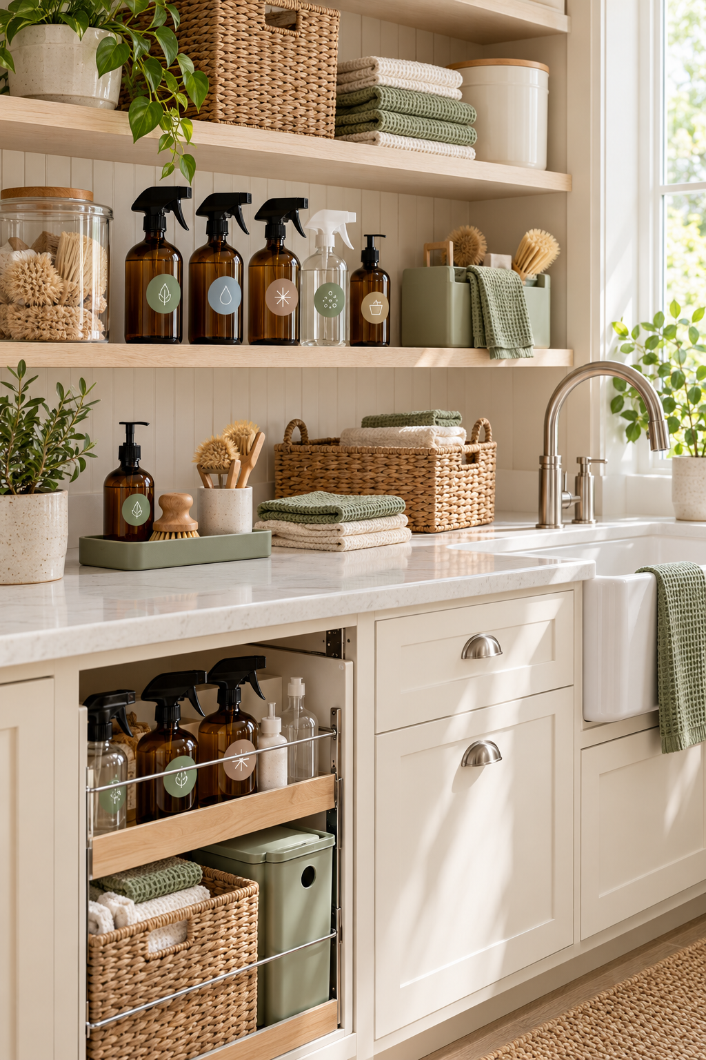 Add Waterproof Labels without Recipe Claims in an organized naturally minded cleaning station