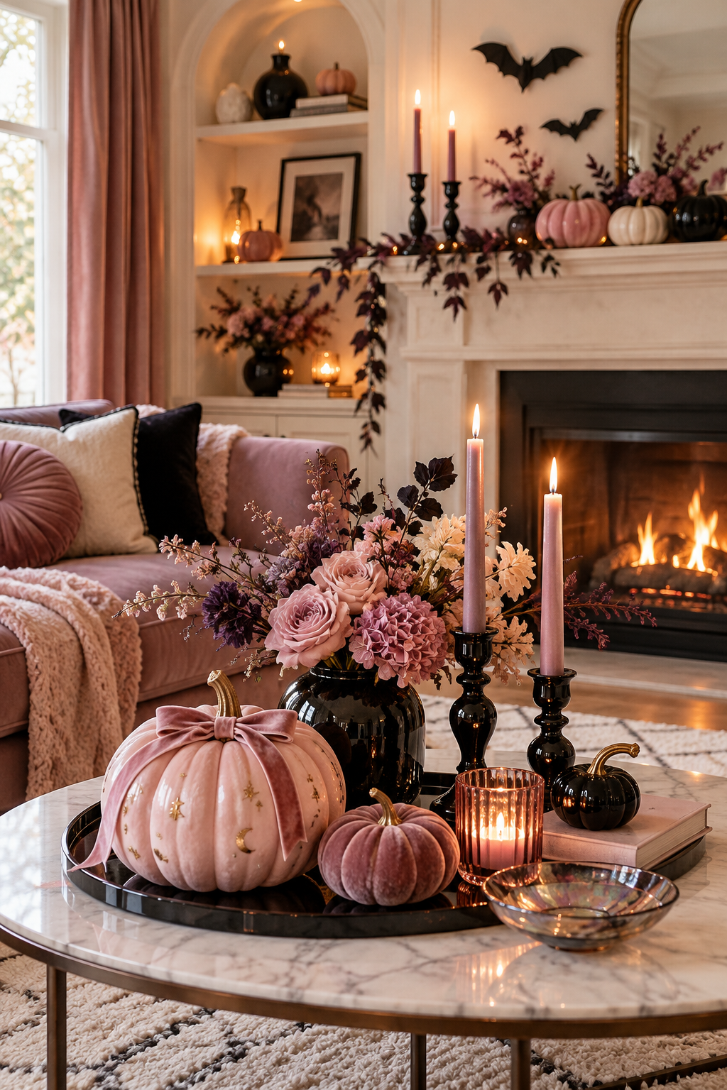 Mix Pink with Glossy Black Accents styled as pink Halloween decor ideas