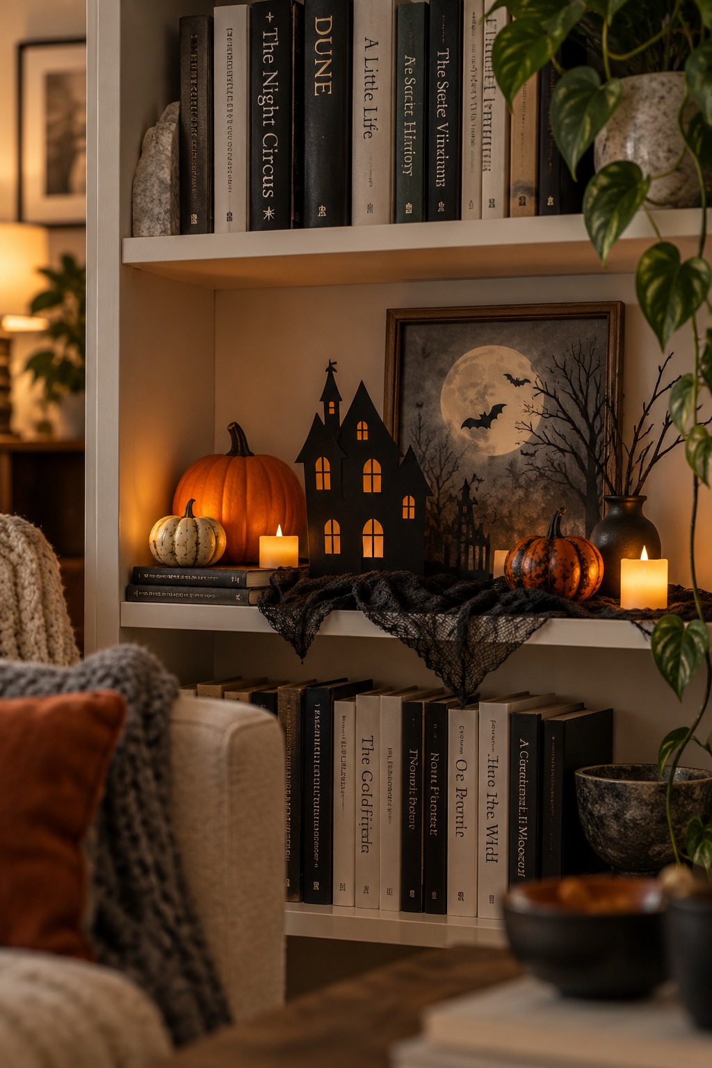 Turn One Shelf into a Spooky Scene styled as Halloween apartment decor ideas