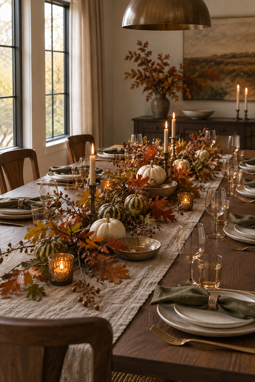 Low autumn centerpiece with branches and gourds