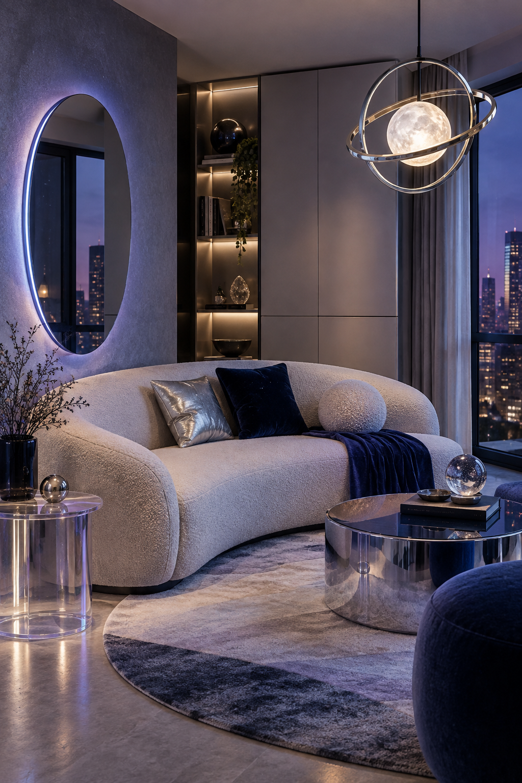 Small apartment with compact curved sofa, acrylic table and orbital light