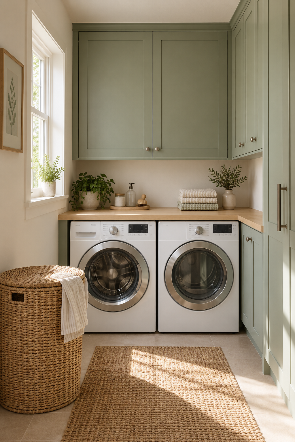 Add Closed Cabinets for Visual Calm in a compact organized laundry room