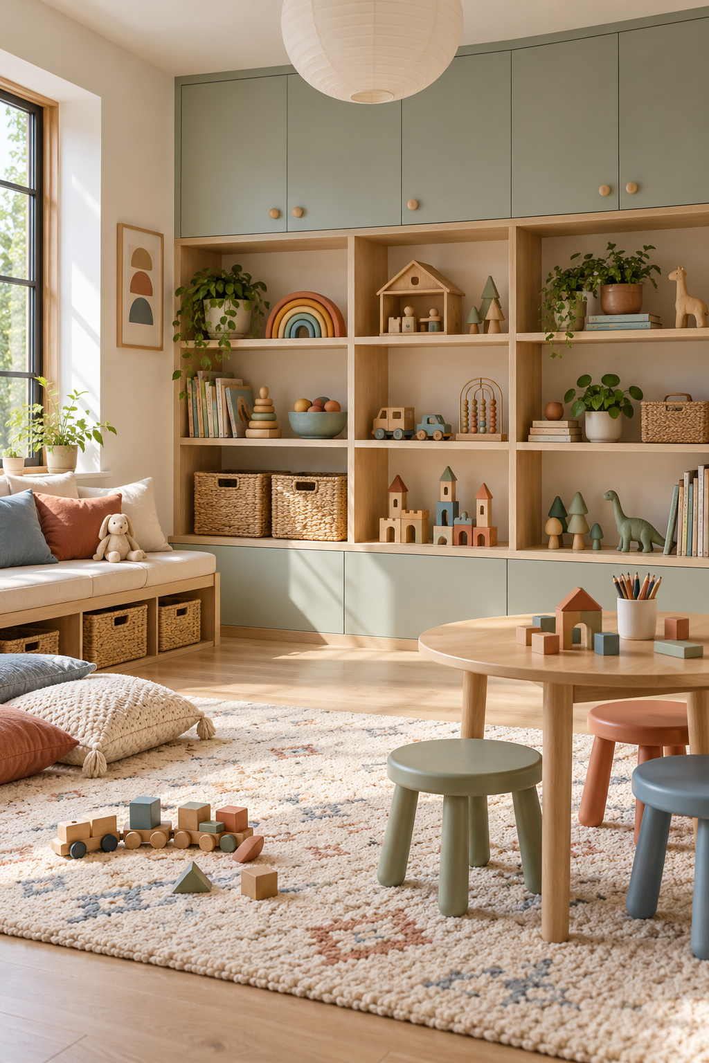 Rotate Toys to Reduce Visual Clutter in a stylish organized playroom