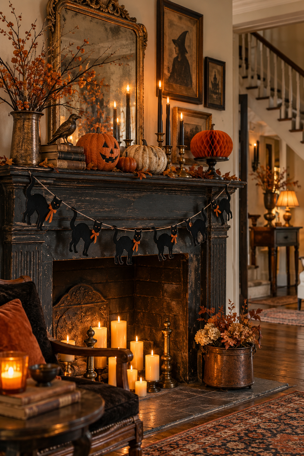 Hang a Classic Black Cat Garland styled as vintage Halloween decor ideas