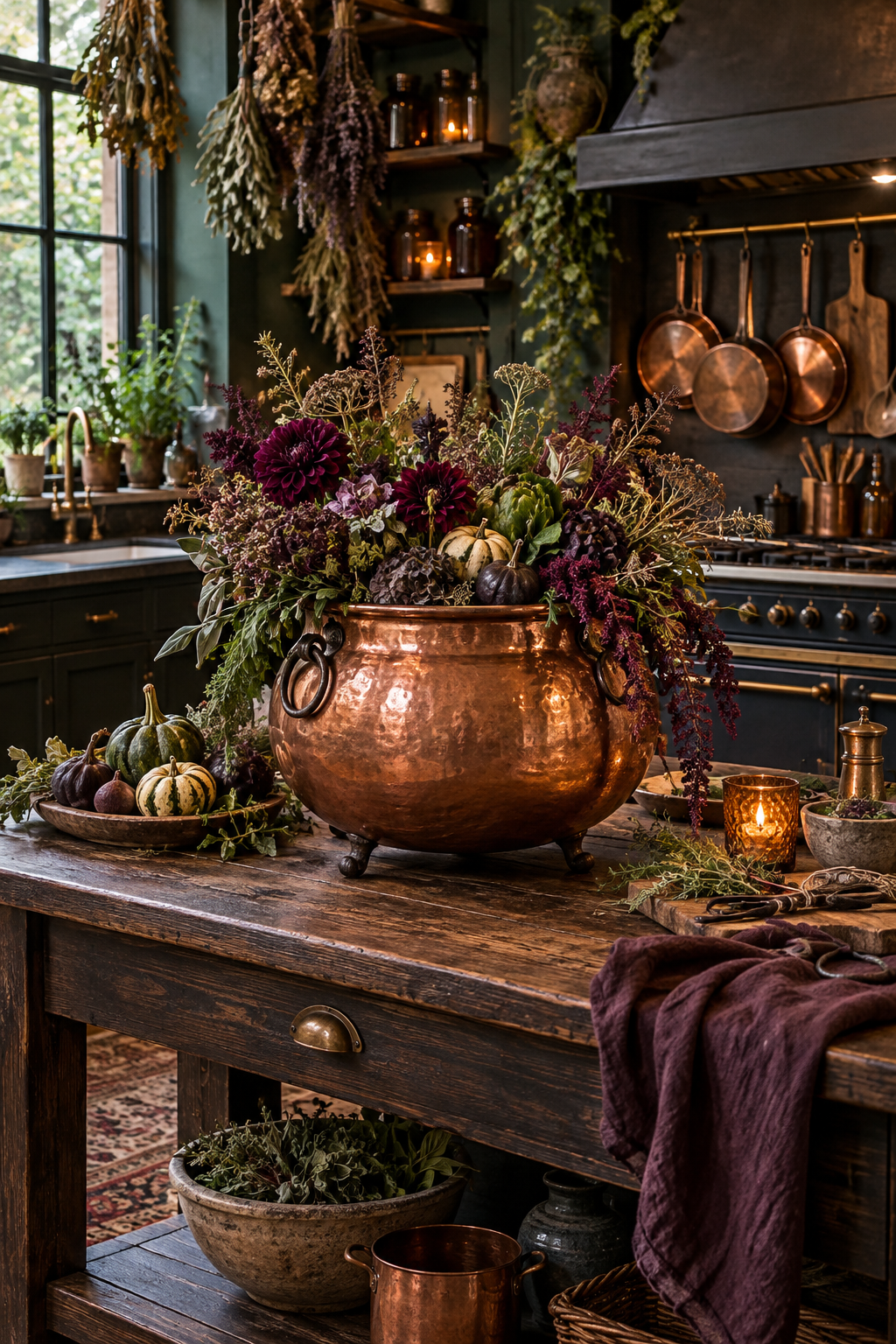 Style a Copper Cauldron Centerpiece styled as witchy kitchen decor ideas