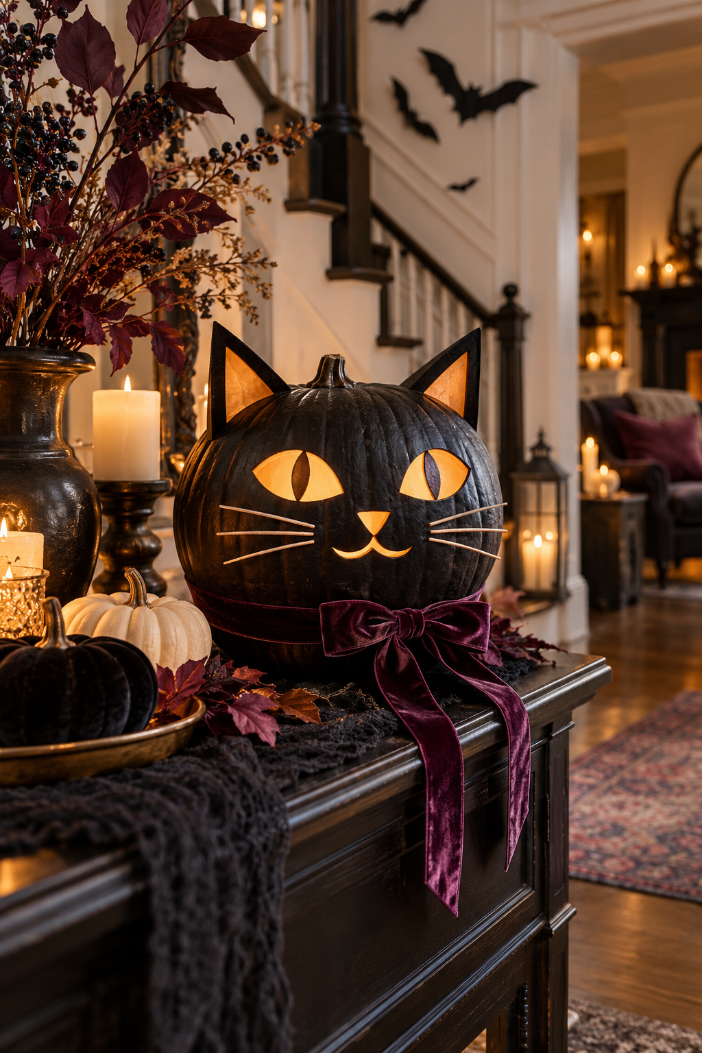 Make a Black Cat Pumpkin styled as black cat Halloween decor ideas