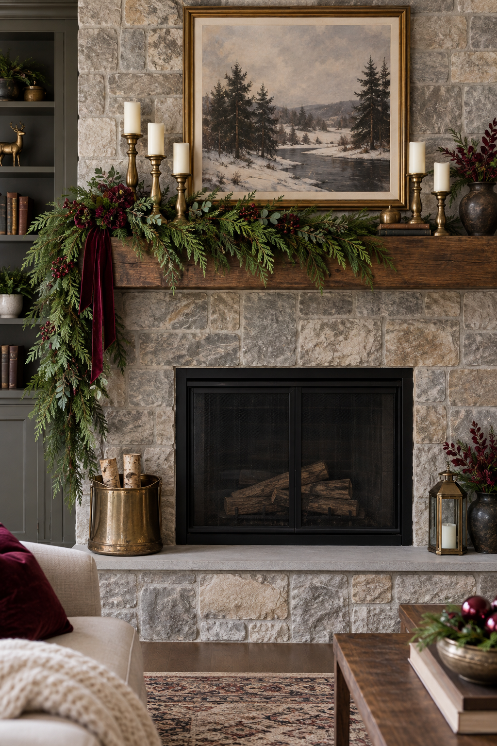 Burgundy Christmas mantel with evergreen garland, velvet ribbon and brass accents
