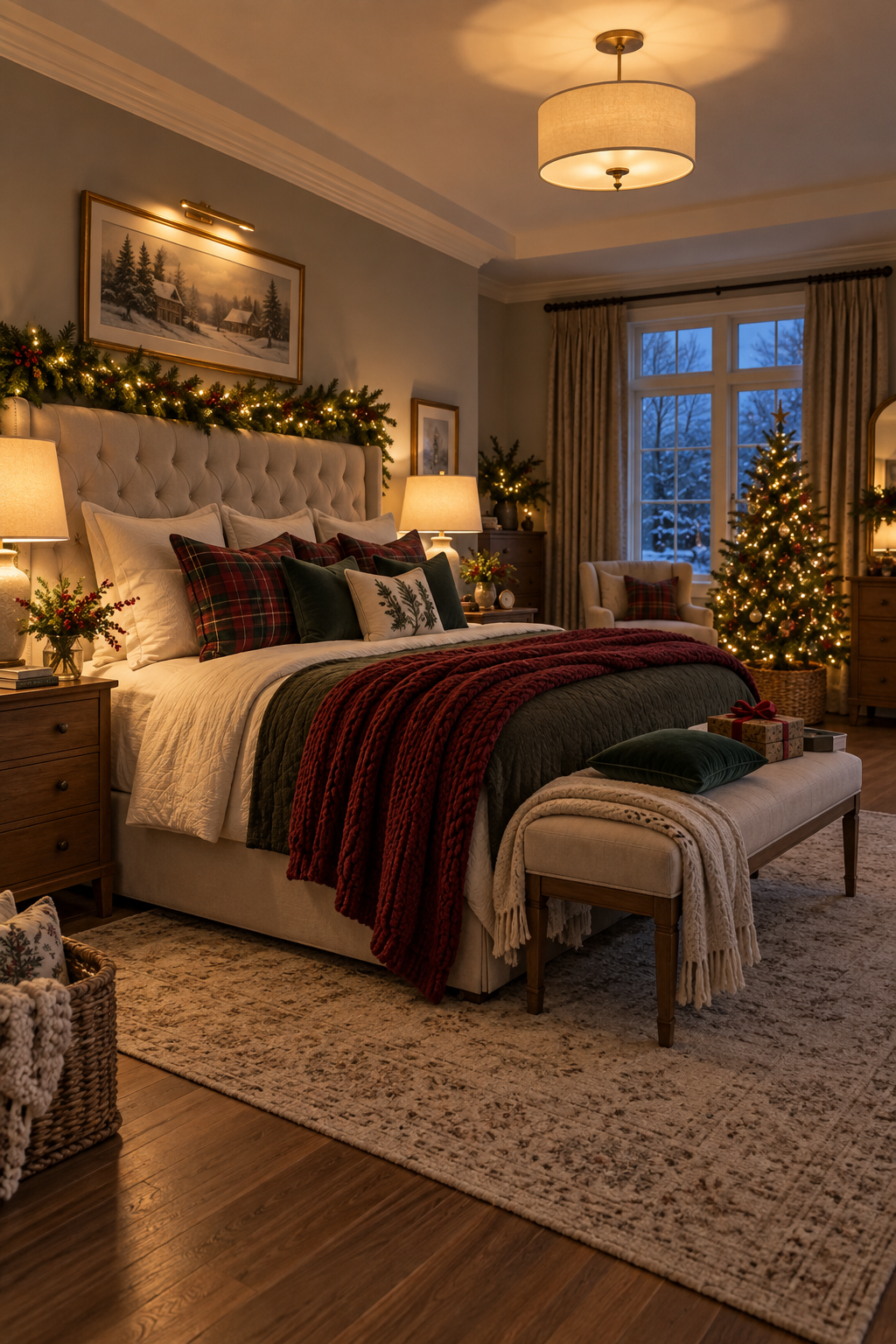 Calm Christmas bedroom illuminated by shaded bedside lamps and tiny tree lights