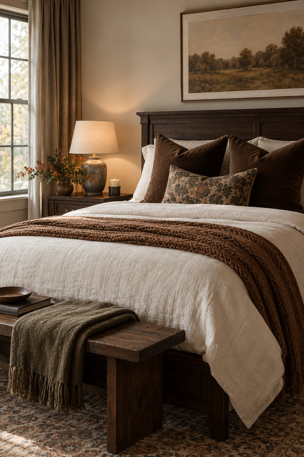 Chocolate brown and cream fall bedroom