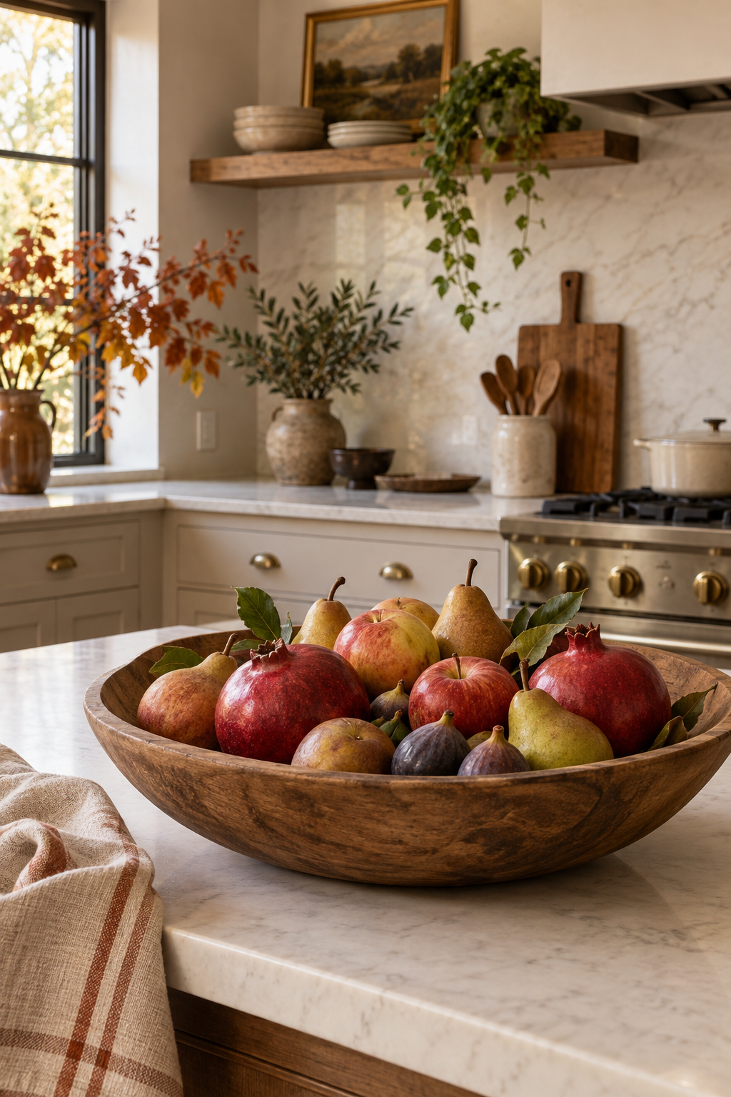 Seasonal fruit bowl in fall kitchen