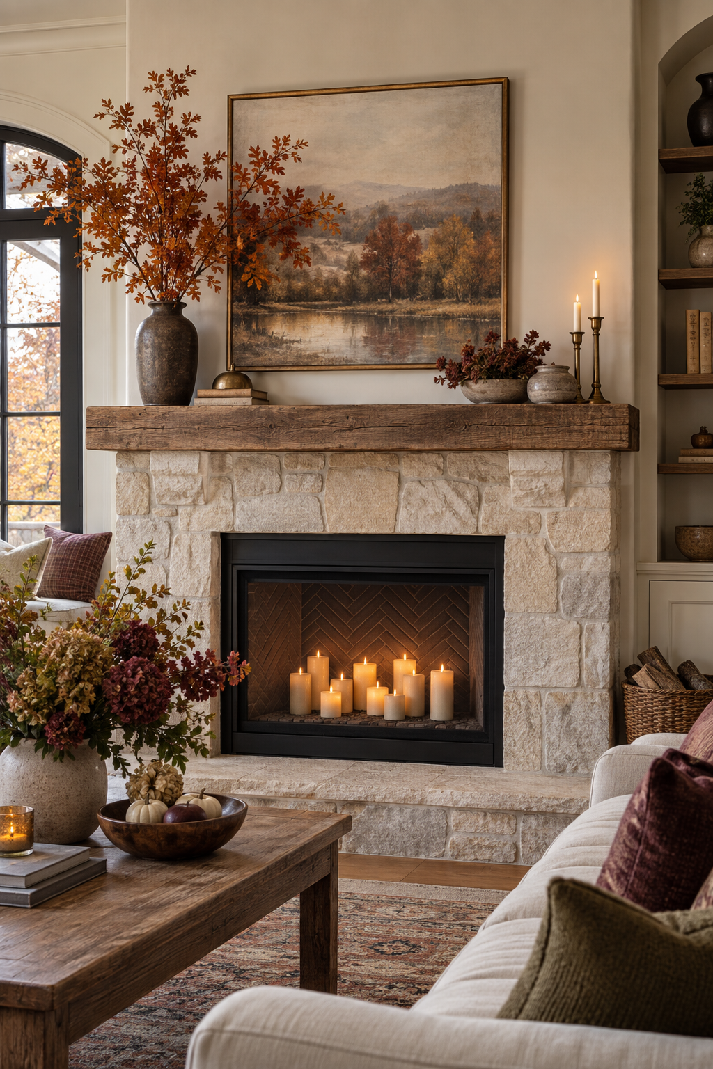 Asymmetrical fall mantel with rust branches