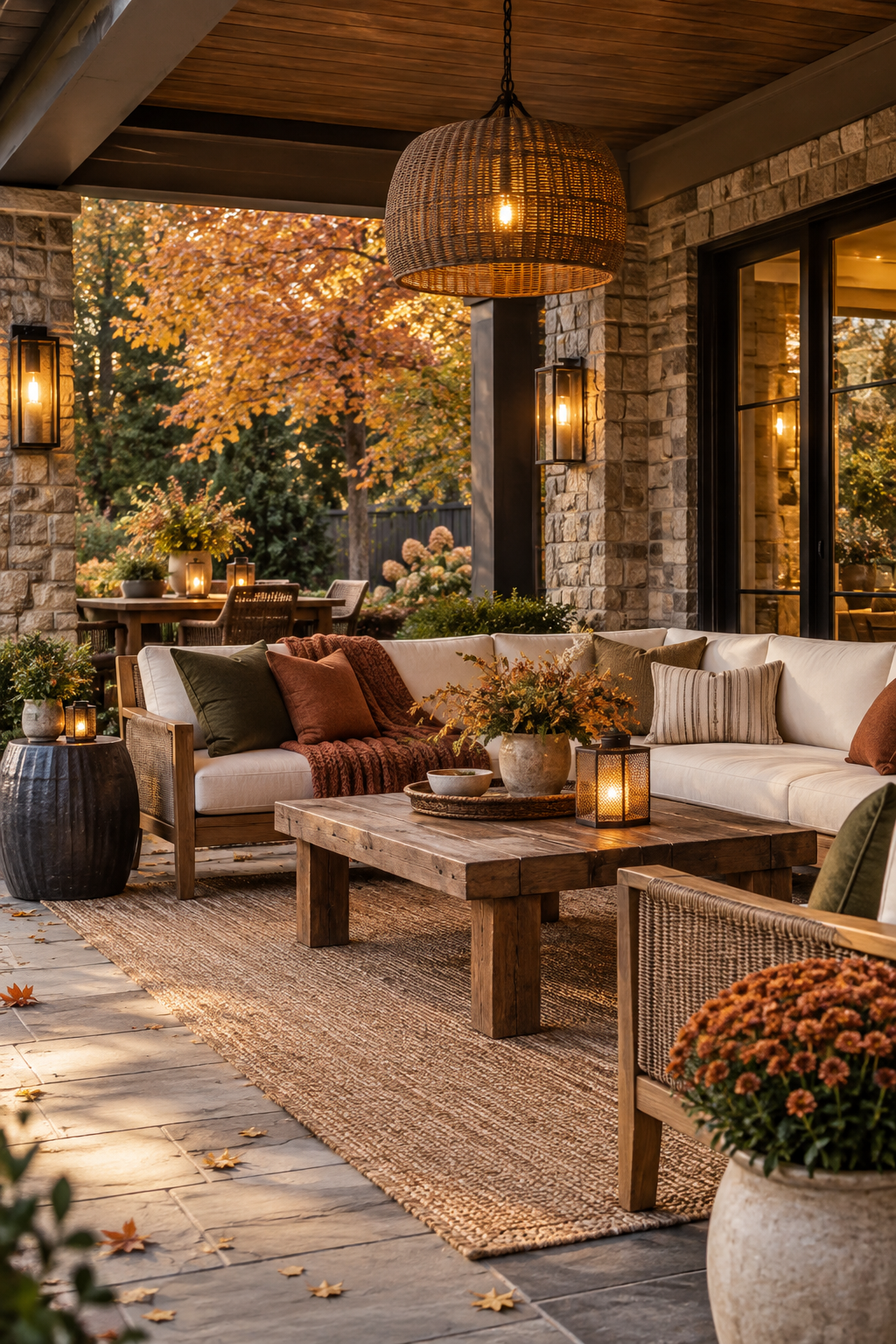 Layered warm lighting on a covered fall patio