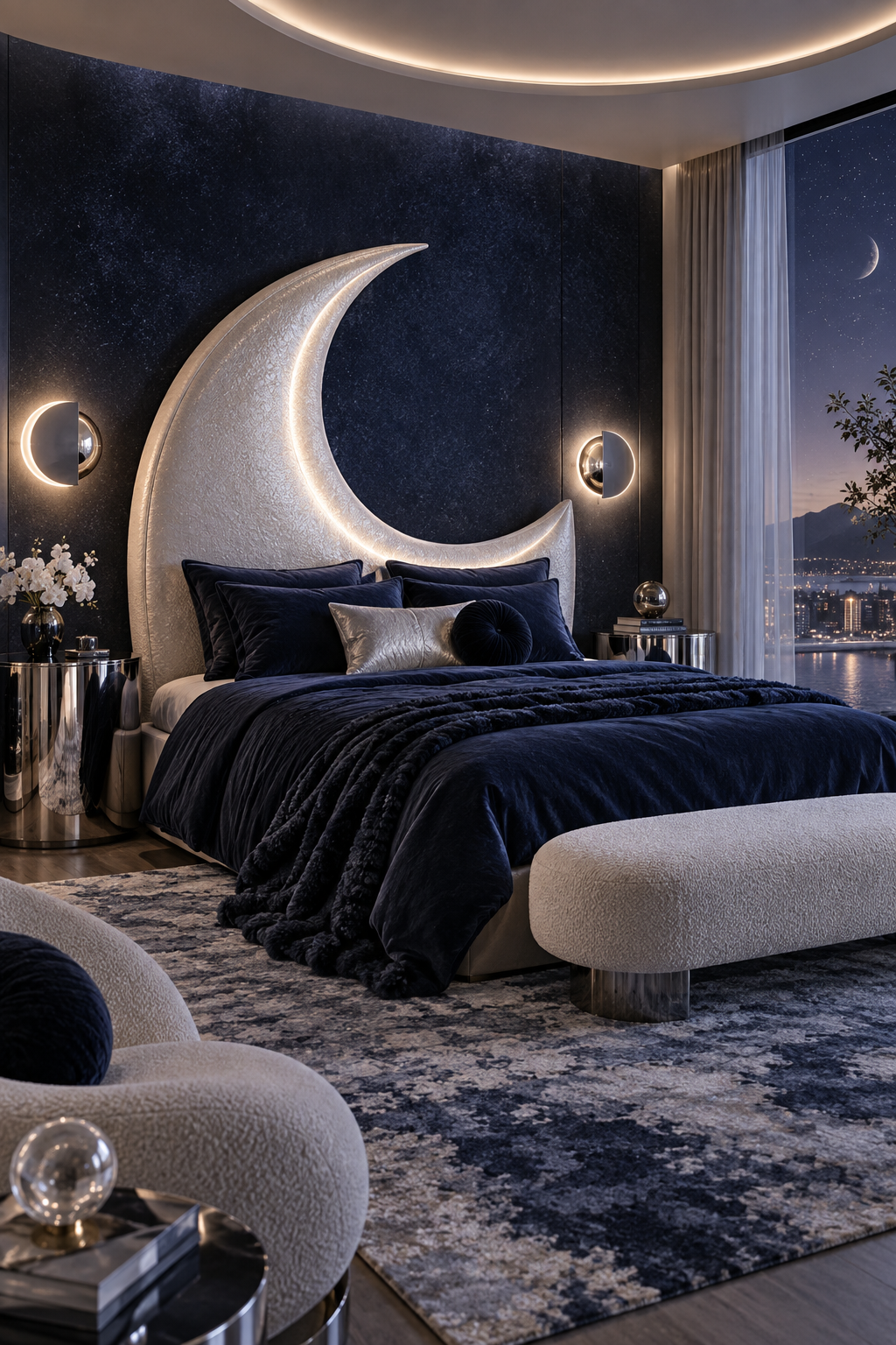 Bedroom with crescent headboard, midnight textiles and globe lights