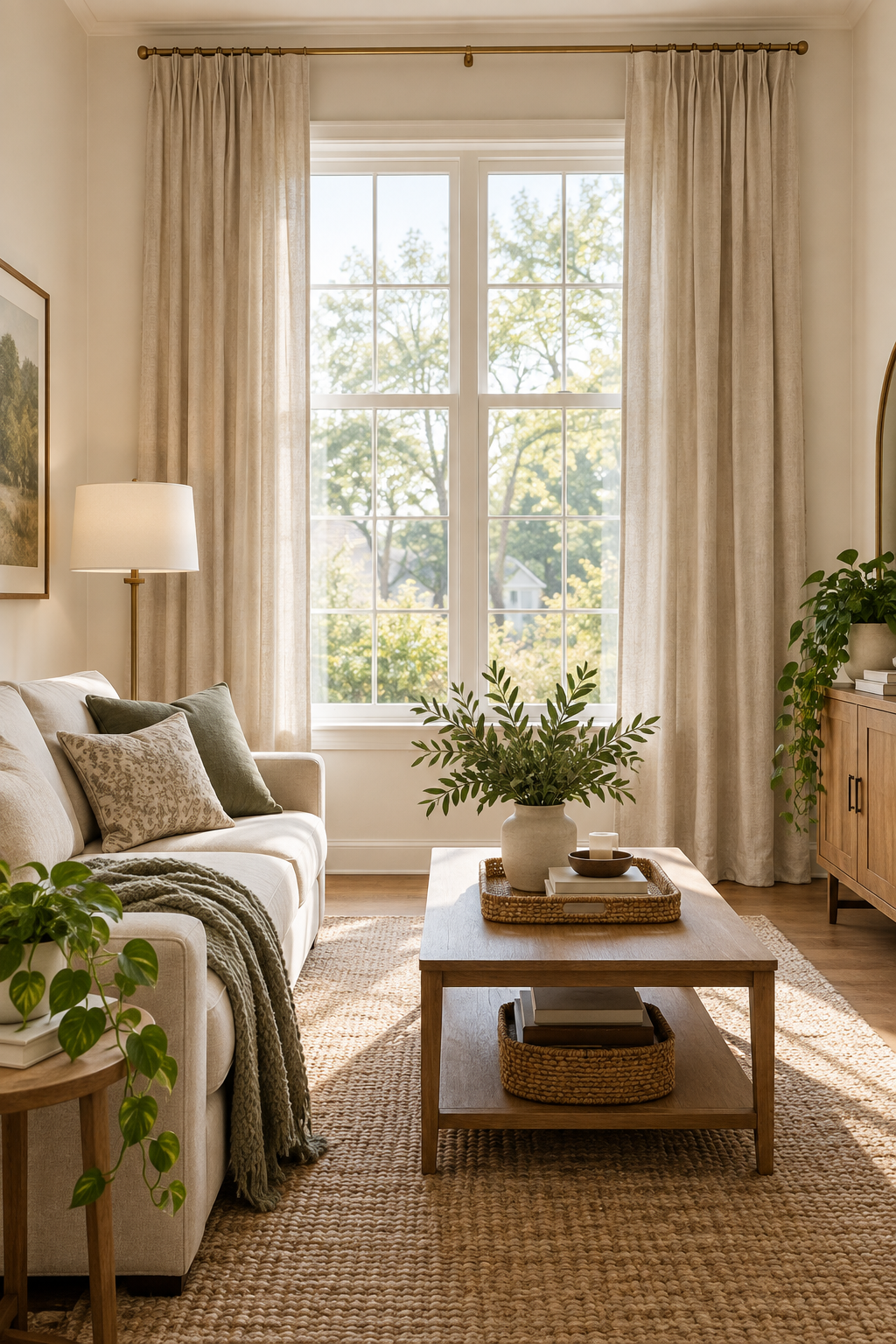 Full-length curtains hung high and wide in a bright starter-home room