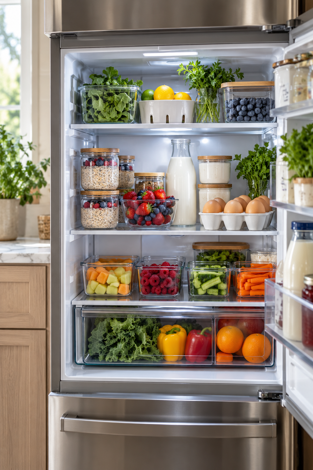 Give Breakfast Its Own Shelf in a clean organized refrigerator