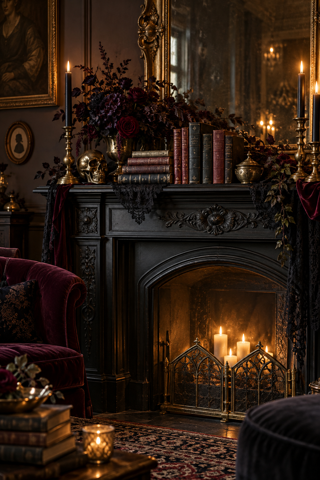 Display Aged Leather Books styled as gothic Victorian Halloween mantel ideas