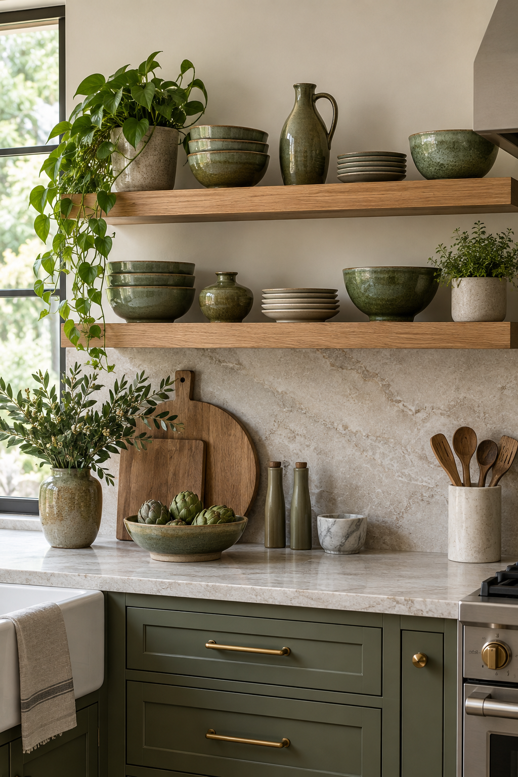 Style Open Shelves with Green Pottery
