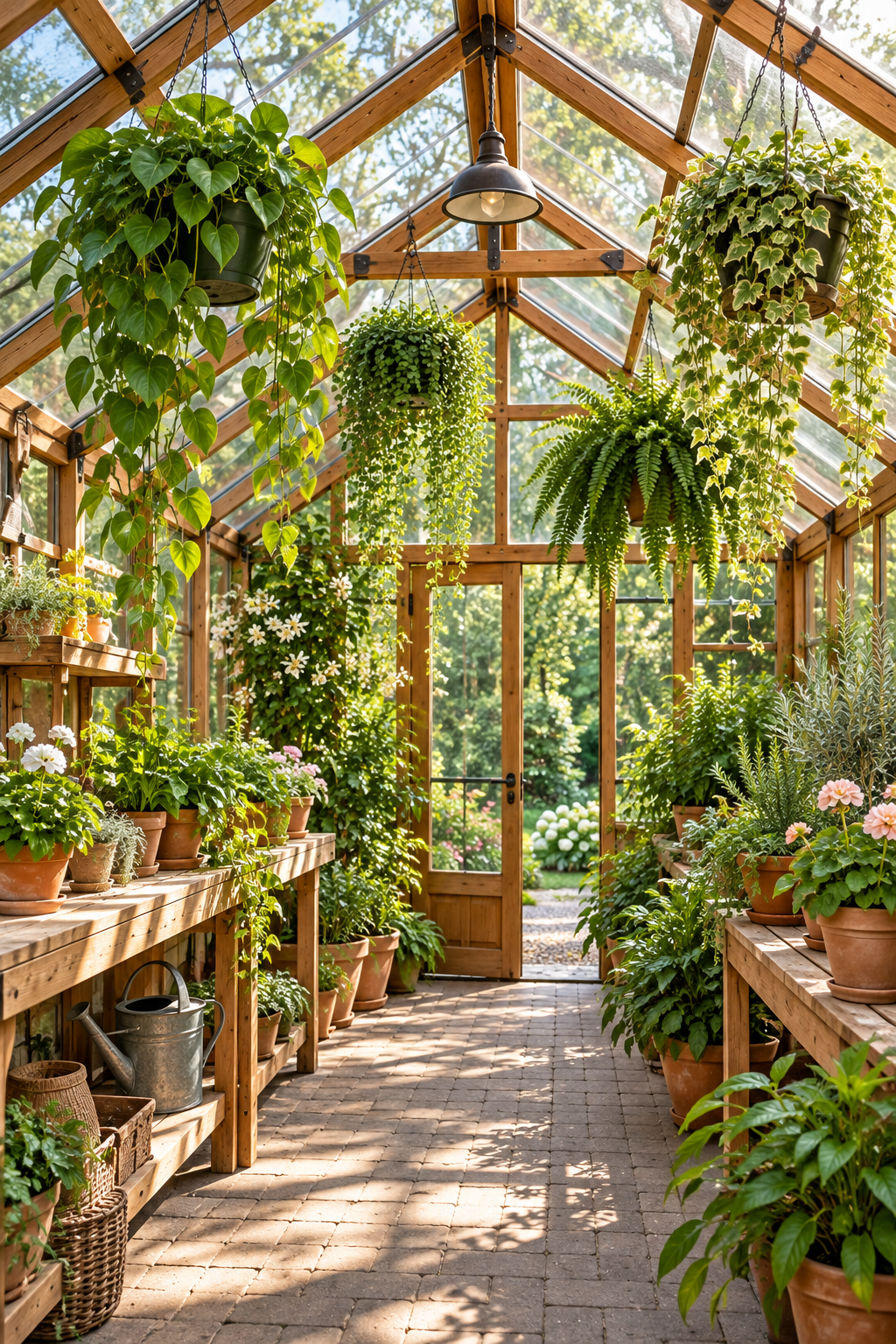 Hang Plants from the Rafters inside a beautiful garden greenhouse
