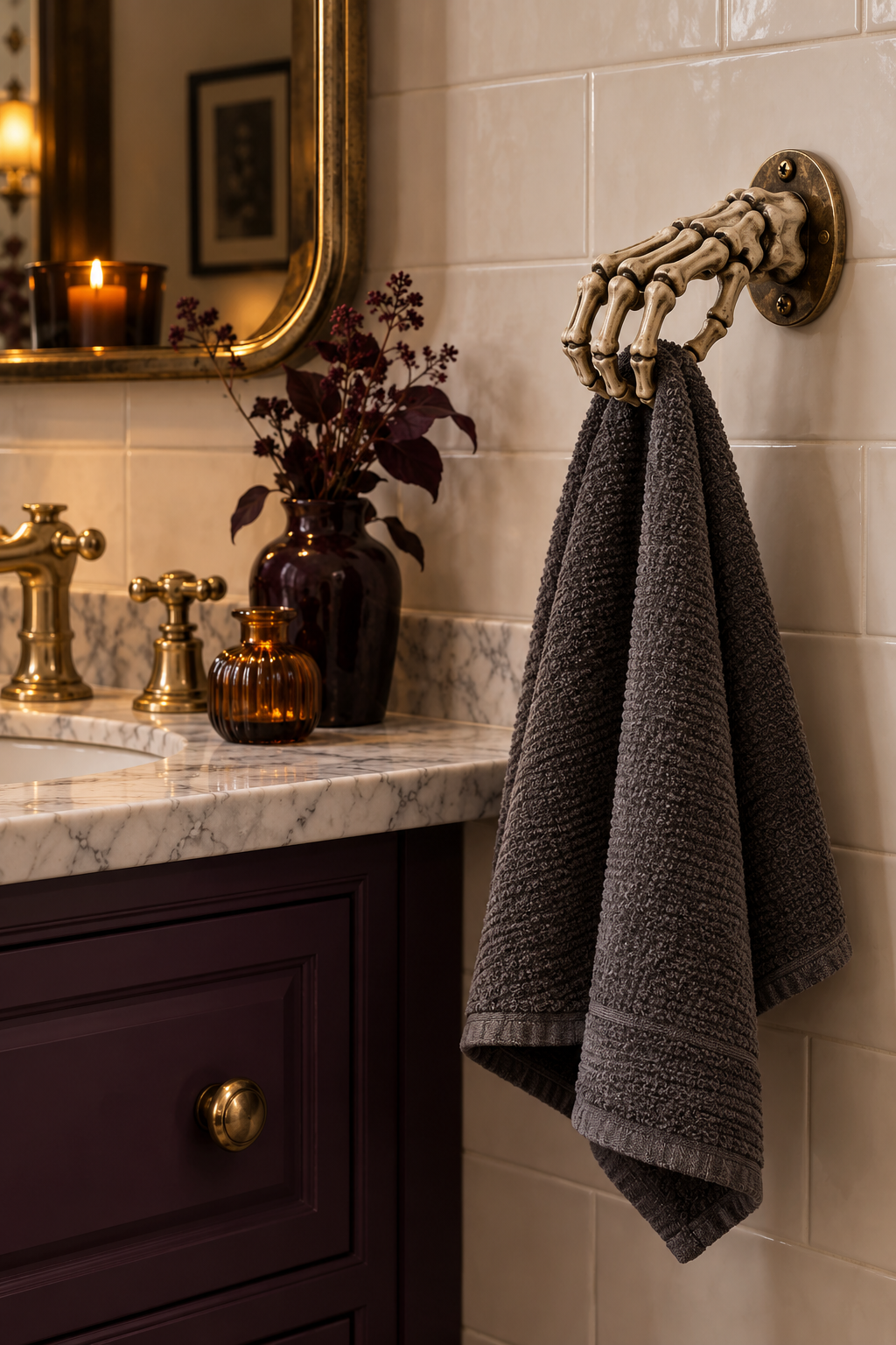 Style a Skeleton Hand Towel Holder styled as Halloween bathroom decor ideas
