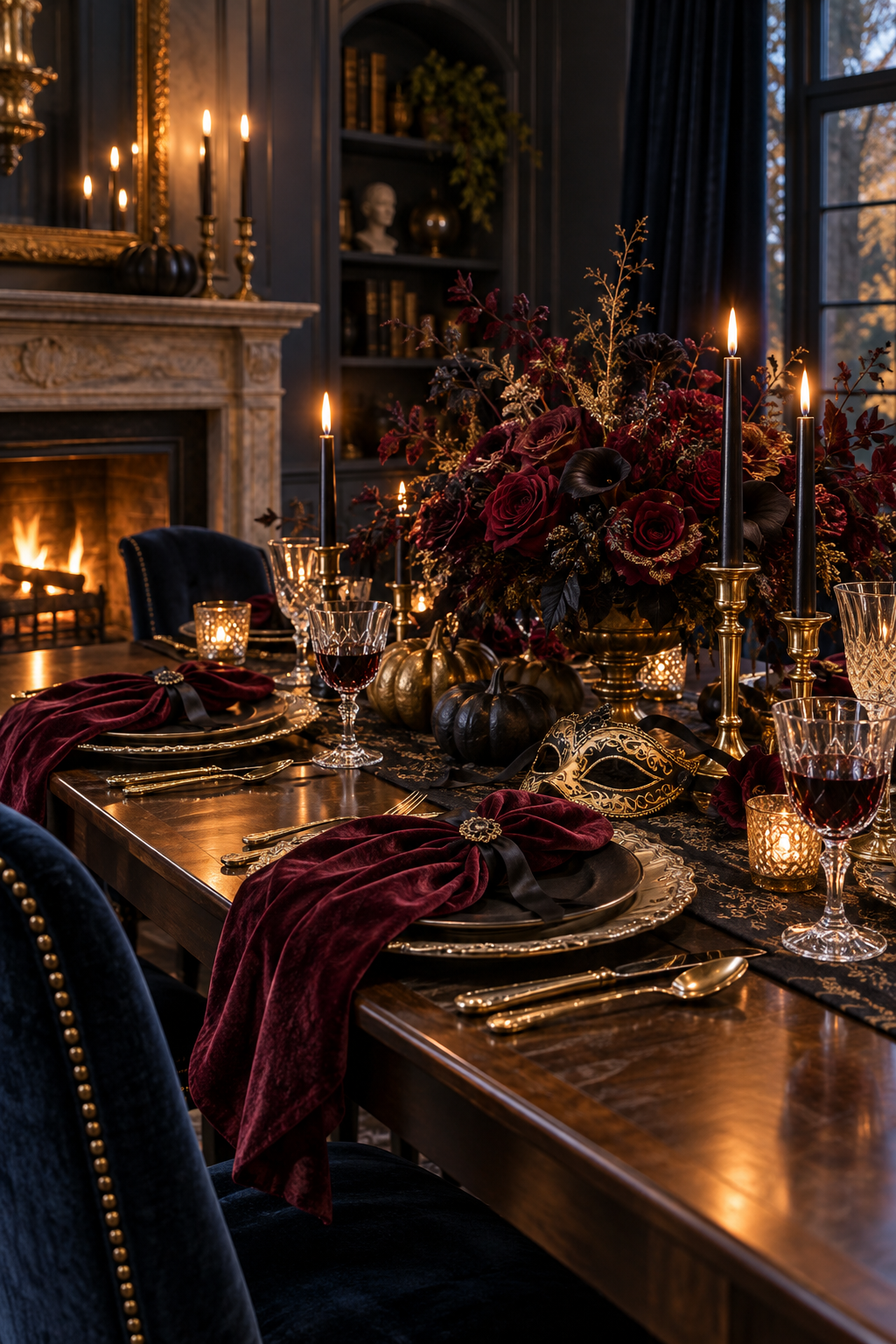 Use Burgundy Velvet Napkins styled as Halloween masquerade tablescape ideas