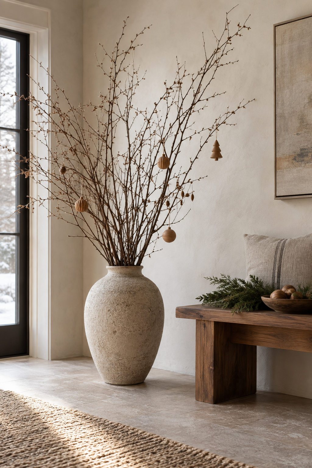Neutral Christmas living room with a sculptural bare branch in a stoneware vase