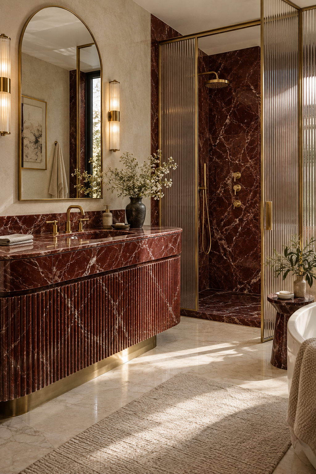 Luxurious Neo Deco bathroom featuring red marble, fluted wood and brass fixtures