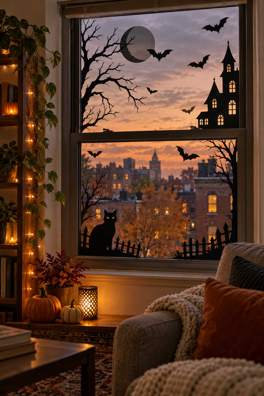 Use Window Silhouettes for Street Appeal styled as Halloween apartment decor ideas