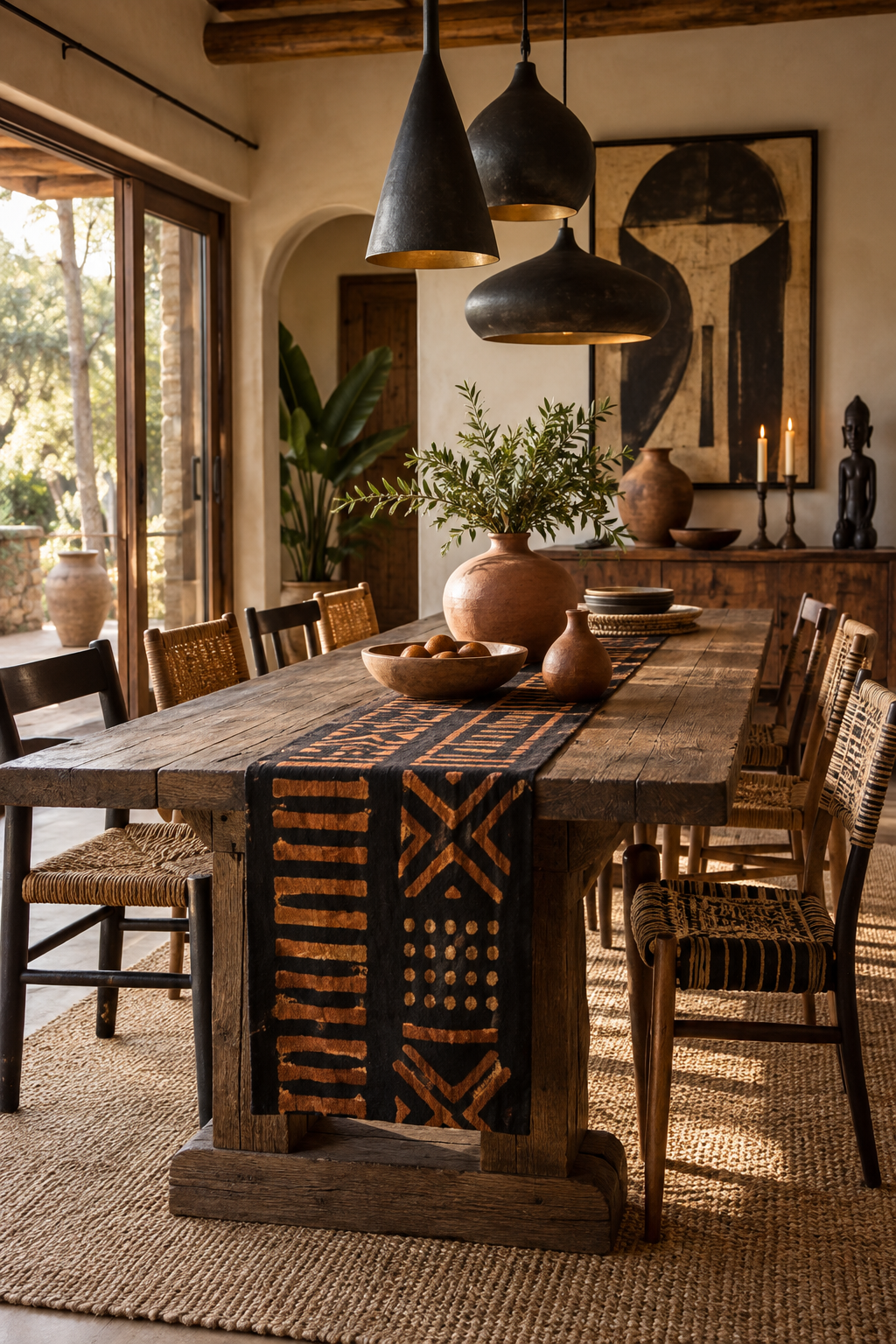 Afrobohemian dining room with reclaimed wood table, woven chairs and black sculptural pendant lights