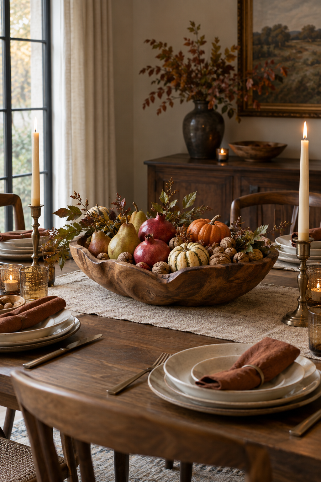 Wooden bowl filled with autumn fruit