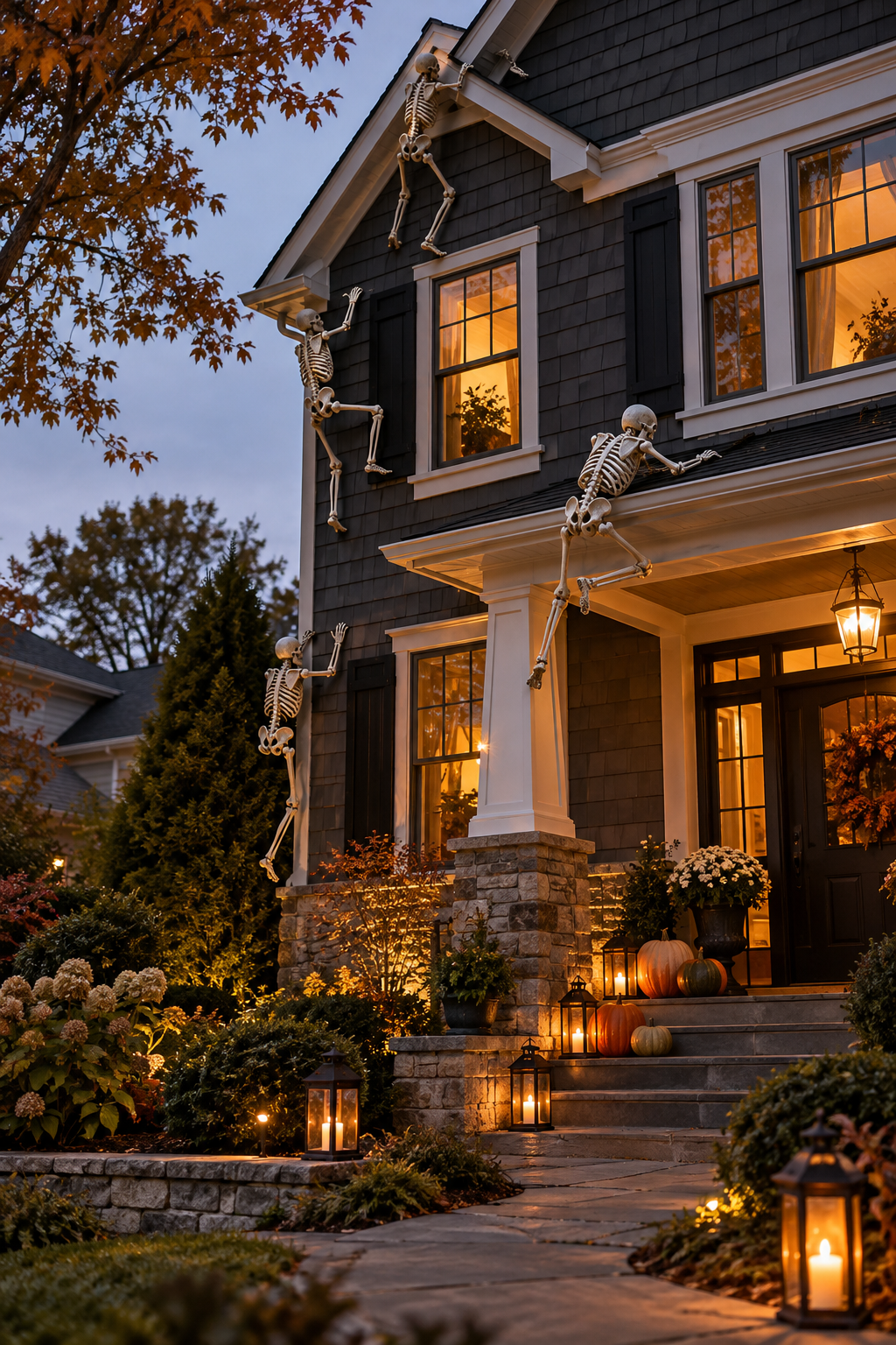 Pose Skeletons Climbing the House styled as skeleton yard display ideas