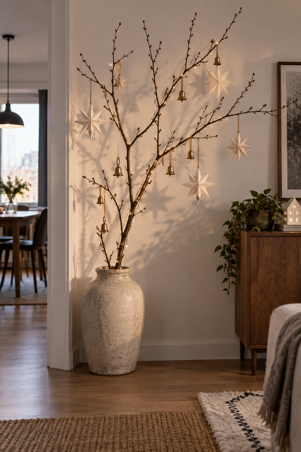 Arrange a Christmas branch in a floor vase