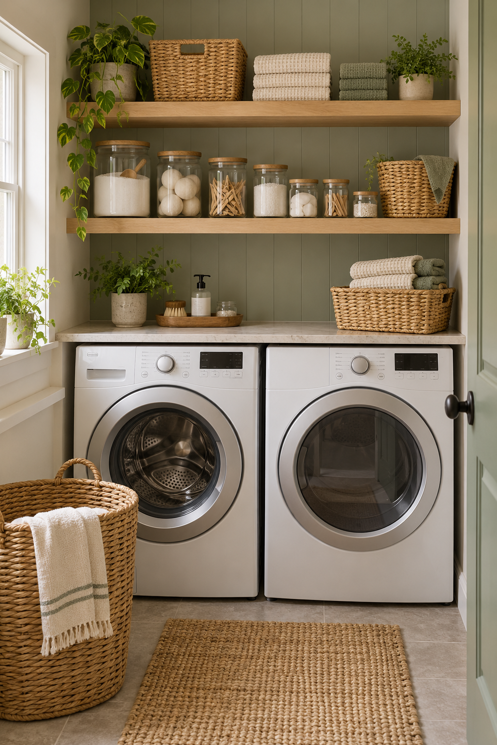 Mount Open Shelves for Everyday Supplies in a compact organized laundry room