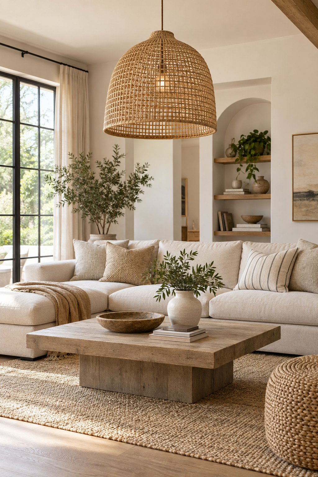 Layer Cane Lighting into a Neutral Living Room