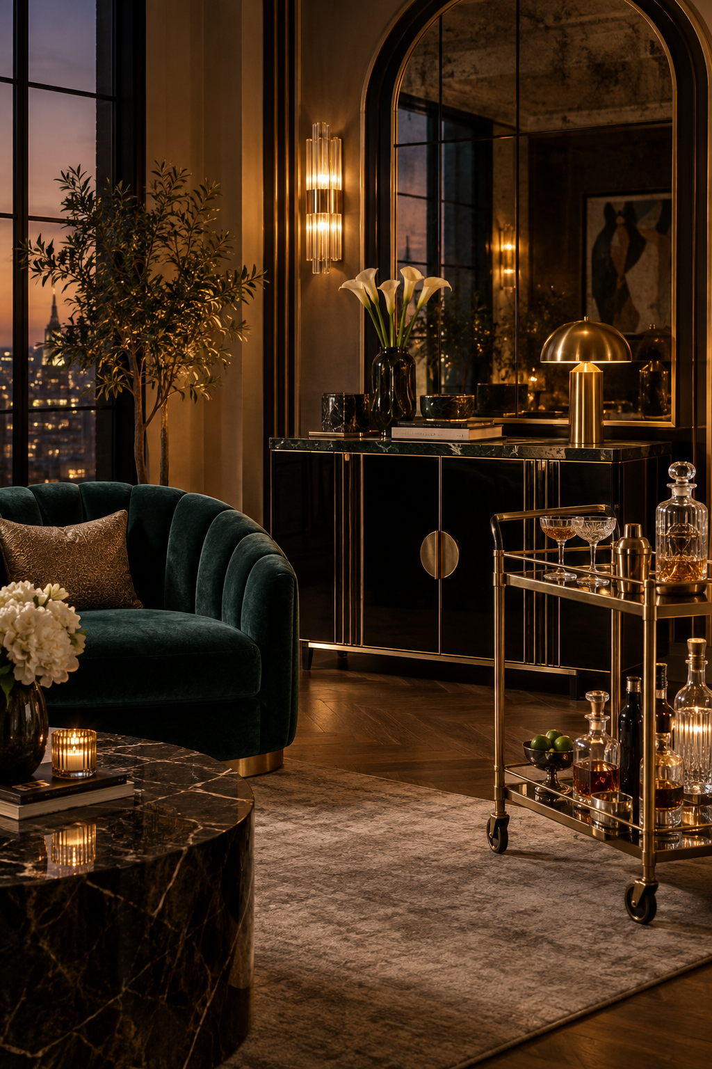 Neo Deco lounge with a vintage brass bar cart, walnut cabinet and velvet seating