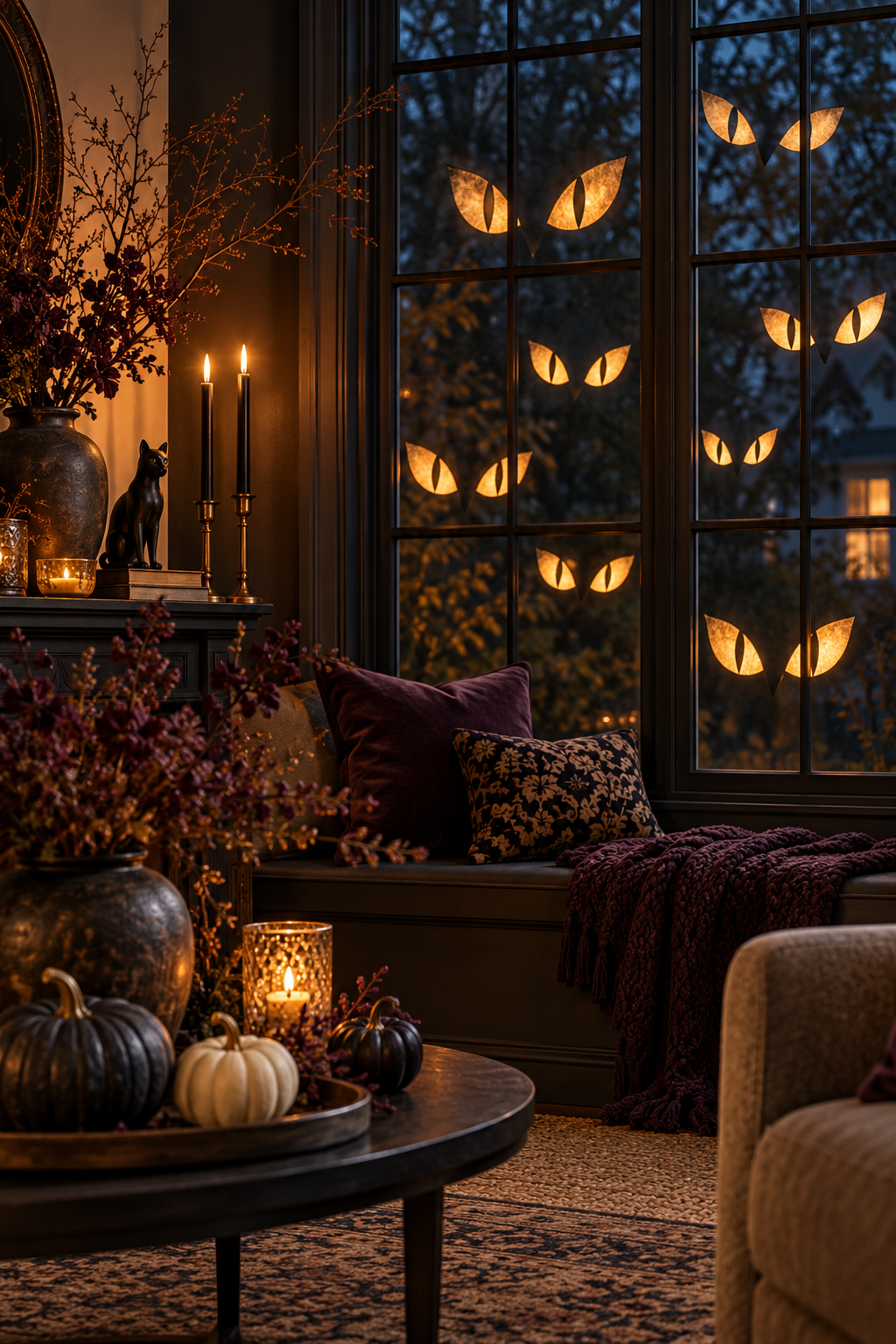 Create a Cat-Eye Window Display styled as black cat Halloween decor ideas
