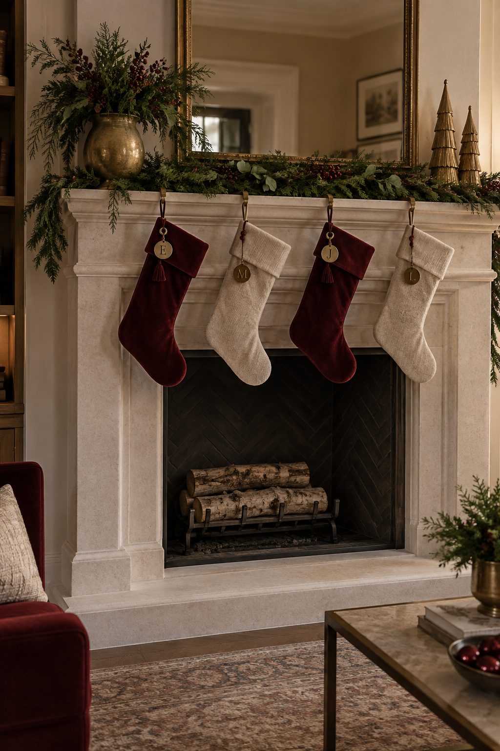 Stone fireplace with burgundy stockings and personalized brass tags